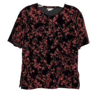 Vintage Womens Velvet Top Sz M Floral Black Red Glitter Short Sleeve Shirt